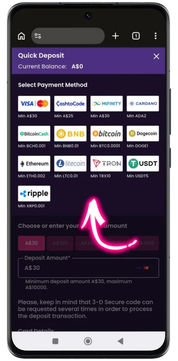 Quick Deposit screen at Vegas Now online pokies with Visa, CashtoCode, Bitcoin, Ethereum and other AUD payment methods
