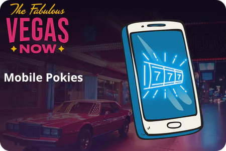 Vegas Now online pokies smartphone illustration with neon 777 slot icon and Mobile Pokies caption