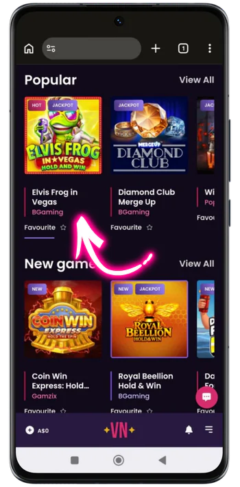 Popular and New games sections at Vegas Now online pokies lobby