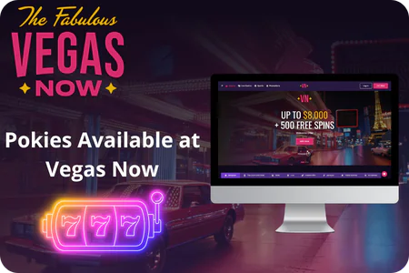 Vegas Now online pokies homepage on desktop with A$8,000 plus 500 free spins banner and 777 neon slot icon