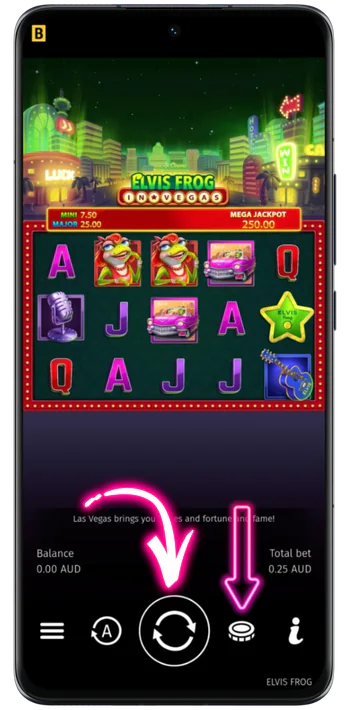 Elvis Frog in Vegas pokie at Vegas Now with reels showing frog symbols, A$ balance and 0.25 AUD bet on mobile screen