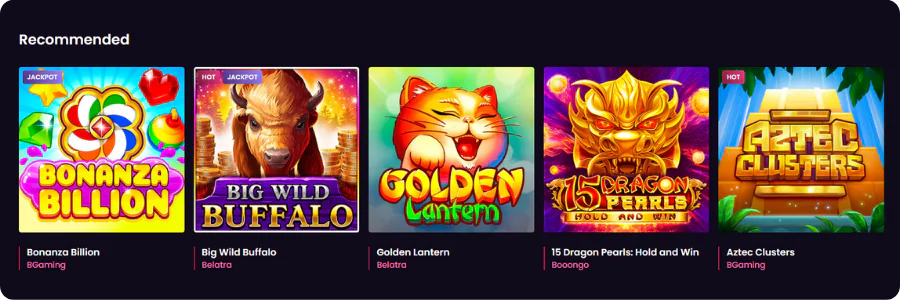 Recommended pokies row at Vegas Now online pokies lobby with five game tiles